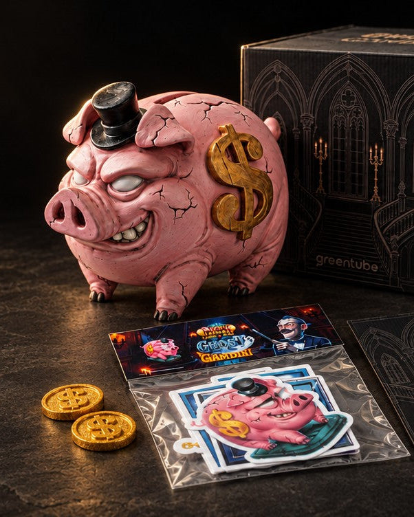 Ghost of Gambini launch pack for Greentube: piggybank, mailer box, sticker pack, sealed letter and gold coins