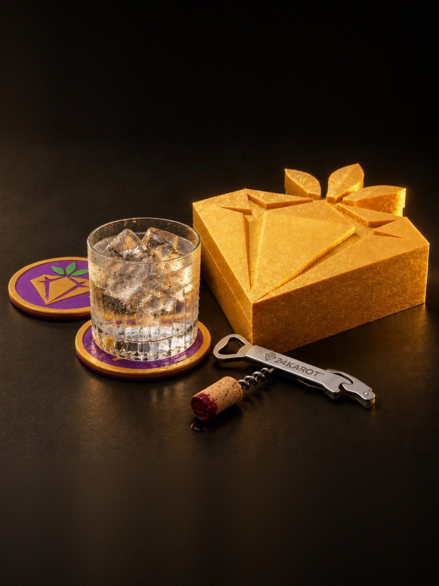 24Karot launch pack: gold diamond box, coasters and bottle opener
